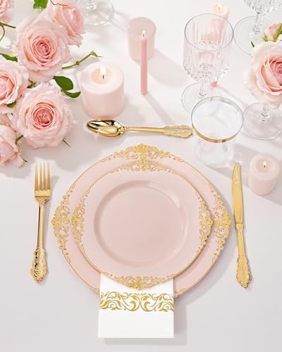 Nervure 350Pcs Pink Plastic Plates, Plastic Dinnerware Set for 50 Guests