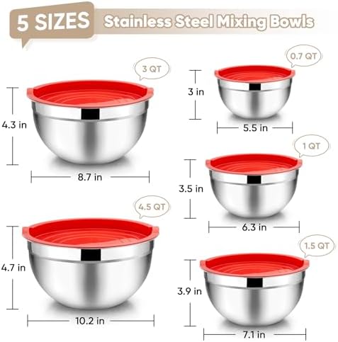 TeamFar Mixing Bowls Set of 5, Stainless Steel Metal Salad Bowls with Lids