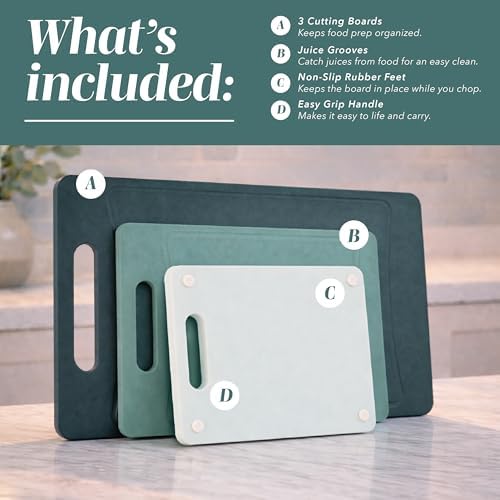 COOK WITH COLOR Non-Slip Cutting Board Set – Kitchen Essentials with Easy Grip Handle for Meat, Veggies, and Fruits, 3 Cutting Boards, Teal