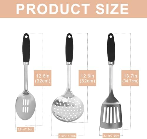3-Piece Stainless Steel Utensil Set, Turner, Spoon, Skimmer, Silver