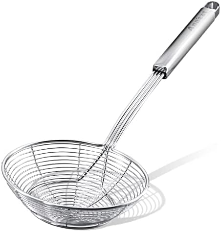 Anaeat Stainless Steel Spider Strainer Skimmer - Solid Kitchen Strainer Ladle with Long Handle for Cooking and Frying, Reinforced Double Coil Slotted Spoons for Pasta, Noodle, Spaghetti (5.5 Inch)