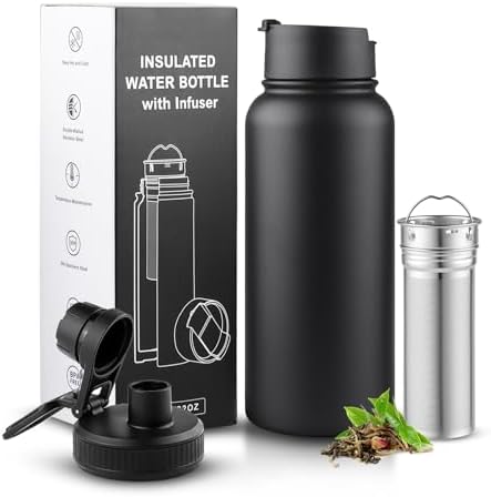 Sivaphe 32 oz Tea Infuser Bottle With Removable Filter,18/8 Stainless Steel Insulated Water Bottle for Loose Leaf Tea,1L Strainer Travel Tumbler with Lid Black