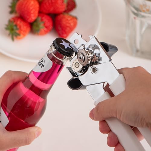Can Opener Manual, Can Openers Hand Held with Comfort Anti-Slip Handles, Heavy Duty Stainless Steel Can Opener Smooth Edge and Bottle Openers, Easy Turn Can Openers for Seniors, Kitchen, White