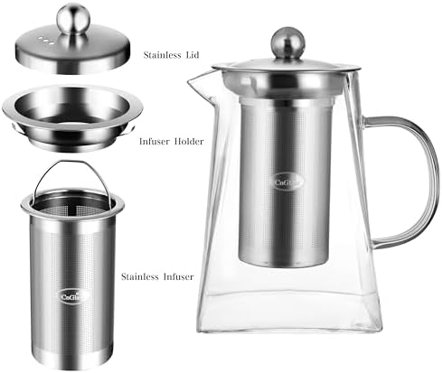 CNGLASS Glass Teapot with Infuser,31oz Clear Glass Tea Kettle with Removable Stainless Steel Strainer,Stovetop Safe Glass Teapot for Blooming and Loose Leaf Tea…