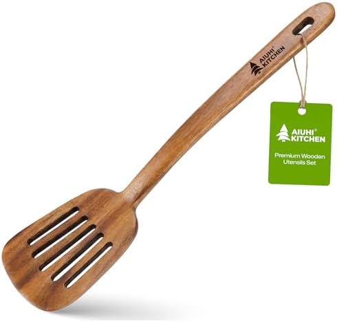 AIUHI Natural Teak Slotted Spatula, Ergonomic Long Handle Cook Spatula, Heat‑Resistant Food‑Grade Wooden Turner for Home Kitchen Daily Cooking