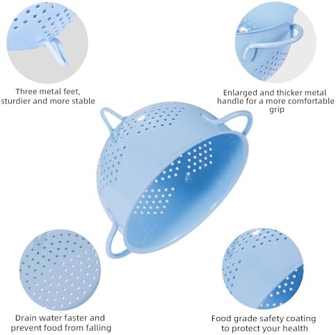 Metal Colander 5 Quart Powder Coated Self-draining Metal Strainer with Base,Kitchen Pasta Fruit Vegetable Basket with Double Handles,blue