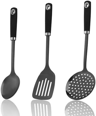 3-Piece Stainless Steel Utensil Set, Turner, Spoon, Skimmer, Black
