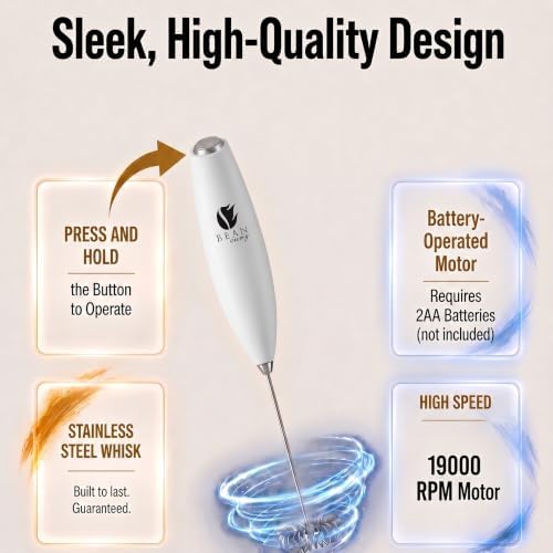 Bean Envy Milk Frother Handheld - Coffee Mixer Wand with Stand - White