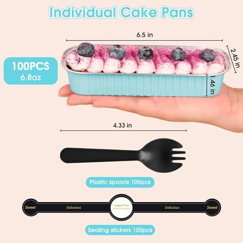 100 Pack Mini Cake Pans with Lids and Spoons, Disposable Aluminum Foil Cake Tins（6.8oz） Individual Small Cake Baking Containers for Party, Wedding, Birthday