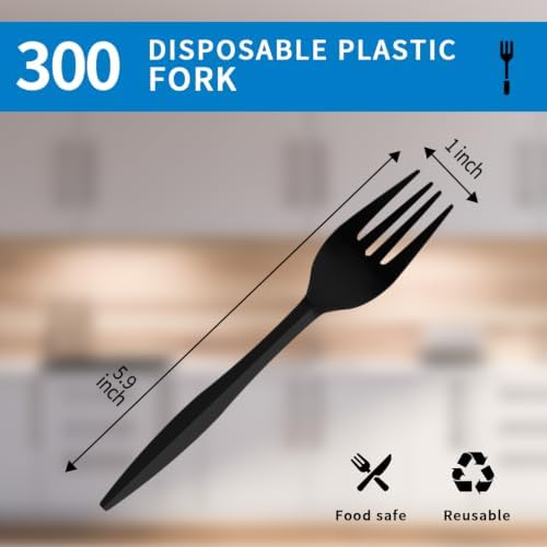 CXPSINC 300 Pack Plastic Forks Disposable, Individually Wrapped Heavy Duty Cutlery Bulk, Sturdy Polypropylene Forks for Restaurants, Takeout, Cafeterias, Parties (300 Pack-Black-Fork)