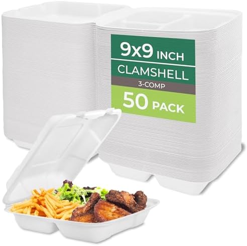 Freshware Clamshell Food Containers with Lids [9x9"] 3-Compartment 50-Pack, Disposable To Go Containers, Biodegradable Sugarcane To Go Boxes - Paper Containers - Microwave & Freezer Safe, Stackable