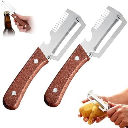NEW Premium Vegetable Peeler with Wooden Handle and Bottle Opener: 2-in-1 Stainless Steel Kitchen Tool for Fruit Apple Potato Pumpkin Papaya (1Pack)