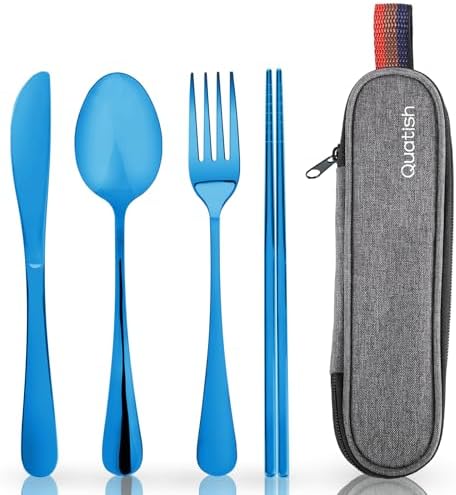 Travel Utensils with Case, Quatish Portable Silverware Set for Work, Stainless Steel Reusable Travel Cutlery, Fork and Spoon Set for Camping, Picnic, Gadgets, Lunch Box for Men, Christmas Gift, Blue