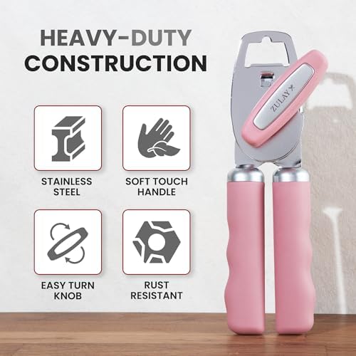 Zulay Kitchen Manual Can Opener Heavy Duty Patented Stainless Steel, Pink
