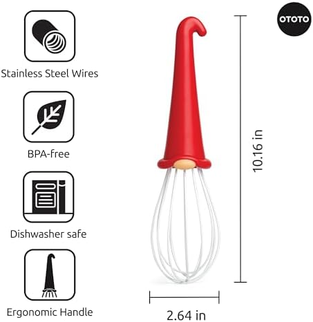 OTOTO Gnomeo Whisk – Red Gnome Handle Whisk for Baking & Cooking, Fun Gnomes Kitchen Gadgets, Quirky Baking Tools, Unique Kitchen Gifts