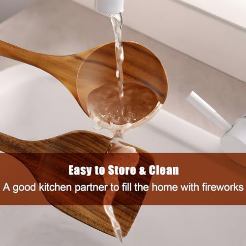 FJNATINH Wooden Spoons for Cooking, 10 Pcs Teak Wooden Cooking Utensil Set with Holder, Wooden Kitchen Utensils Set for Nonstick Pans & Cookware