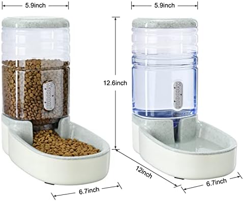 Automatic Dog Cat Feeder and Water Dispenser Gravity Food Feeder and Waterer Set with Pet Food Bowl for Small Medium Dog Puppy Kitten, Large Capacity 1 Gallon x 2(Grey)