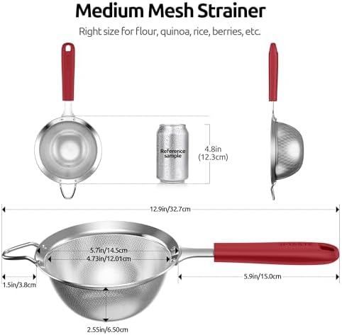 U-Taste Fine Mesh Strainer, 18/8 Stainless Steel Sieve 30 Mesh, M/Red