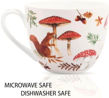 Autumn Squirrel Mug – 20oz Bone China Coffee Mug, Cozy Fall Mushroom Forest Design, Gift for Nature Lovers and Friends, Designed in England by Harvest Green Studio