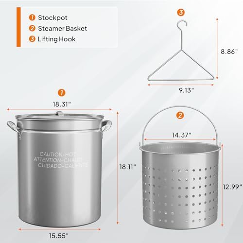 Bonnlo 62QT Stainless Steel Stock Pot for Boiling Seafood, Crawfish lobster & Crab, Frying Turkey & Steaming Tamales, Large Boil Pot with Steamer Basket, Lid, Lifting Hook for Outdoor Cooking Backyard