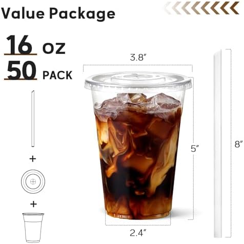 AOZITA 16 oz Plastic Cups with Lids and Straws, 50 Pack, Disposable Iced Coffee Cups with Lids, Clear Cups with Lids for Cold Drinks, Iced Tea, Milkshakes, Smoothies - Durable & BPA Free
