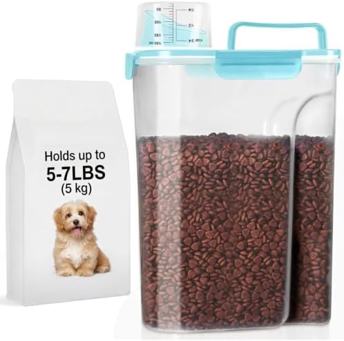 LEAWALK 5-7Lbs Cat Dog Storage Container, Portable Pet Food Containers with Upgraded Large Spout and Cup, Small Animal Kibble Dispenser for Bird Seed, Oatmeal, Rice, Flour-Clear Blue