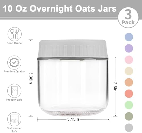 Overnight Oats Containers with Lids, 10oz Wide Mouth Mason Jars with Lids, 3 Pack Glass Jars with Airtight lid for Chia Pudding Yogurt Salad, Meal Prer Oatmeal Jars, Gray