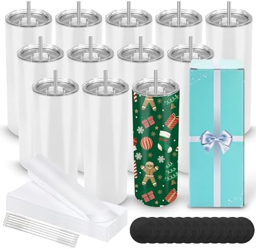 D·S 20oz Sublimation Tumbler 12Pack Skinny Straight Tumblers with Gift Box
