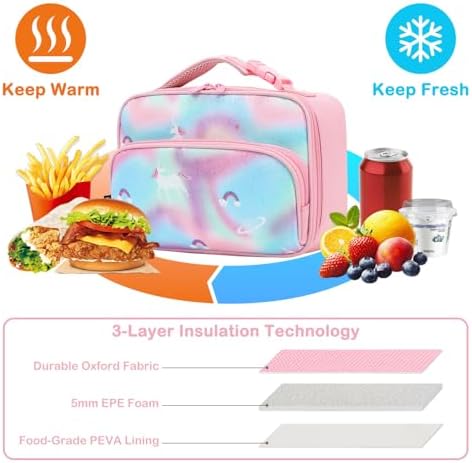 FlowFly Kids Lunch box Insulated Soft Bag Mini Cooler Back to School Thermal Meal Tote Kit for Girls, Boys,Glitter-Unicorn