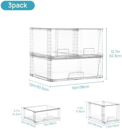 Vtopmart Clear Stackable Storage Drawers, 3 Pack Wide Organizer Set
