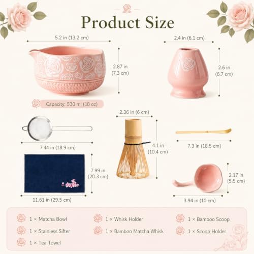 Buucup Matcha Whisk Set, Ceramic Matcha Kit with Bowl & Tools, Rose Pink