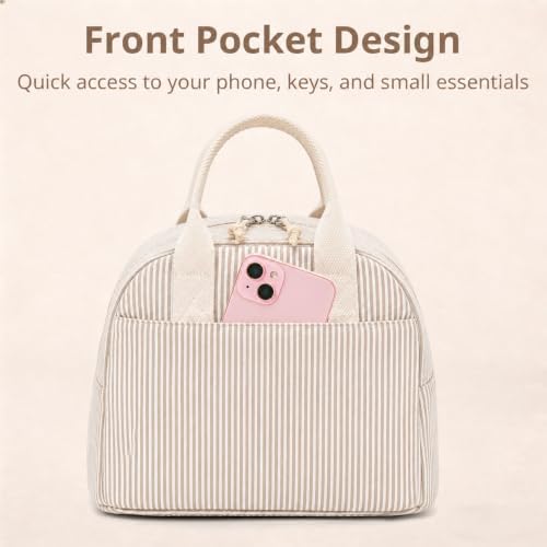 LOVELYWIND Lunch Box for Women, Insulated Lunch Bag,Brown Stripe Tote