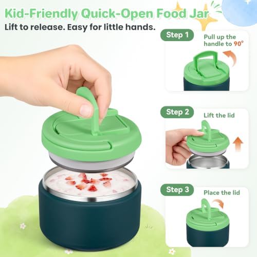 Bento Lunch Box for Kids with 8oz Soup Thermo,Kids Leakproof Lunch Food Containers with 4 Compartment,Kid Insulated Thermo Hot Food Jar for School,Trvael-Green