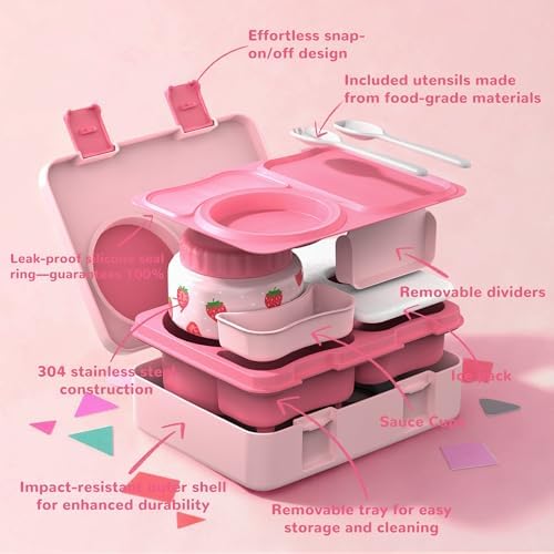 Kids Bento Box with Food Jar, Water Bottle, Lunch Bag, Strawberry