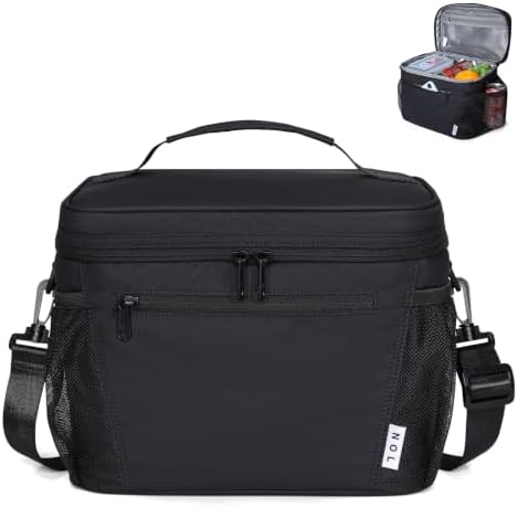 NOL Insulated Lunch Bag for Women Men Adults, Reusable Lunch Tote with Adjustable Shoulder Strap, Leakproof Thermal Food Cooler Bag with Front Pocket and Side Mesh Pockets for Work Travel, Black