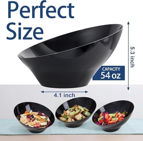 bUCLA 12 Pack Black Plastic Serving Bowls - 54 OZ Angled Bowls Disposable for Chip&Candy - Party Table Salad and Fruit for Party, Wedding & Graduation