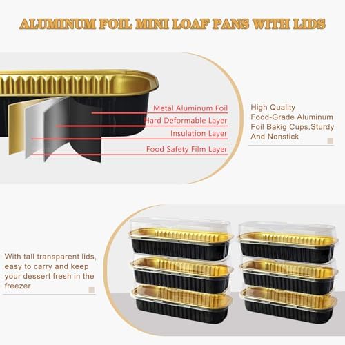 Mini Cake Pans with Lids and Spoons 200 Pack, Mini Loaf Pans with lids 6.8oz, Small Disposable Aluminum Foil Loaf Pans, Rectangular Baking Container for Party, Picnics and Birthday (Black)