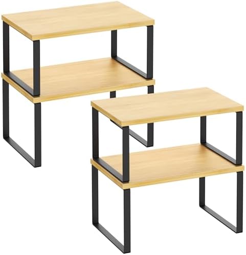 Kitchen Cabinet Organizer Shelf Set of 4, Sturdy Kitchen Counter Shelves with Metal Legs, Stackable Expandable Wood Spice Rack Pantry Cupboard Dish Mug Cup Storage Organizer Shelf,Black+Bamboo