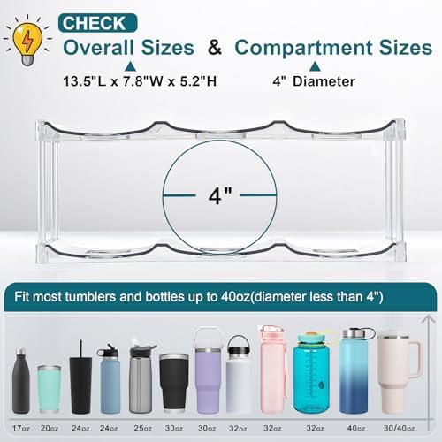 LARGER Compartment - Stackable Water Bottle Organizer Holder - for Stanley & Others' Large Tumbler - Clear Wine Rack, Cup Bottle Holder for Cabinet Home Countertop Fridge Pantry Shelf, 2 Tier Hold 6
