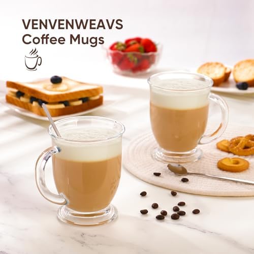 VENVENWEAVS Glass Coffee Mugs Set of 2,15 OZ Lead-free Clear Coffee Cups For Cappuccino,Latte,Tea,Glass Coffee Cups with handles