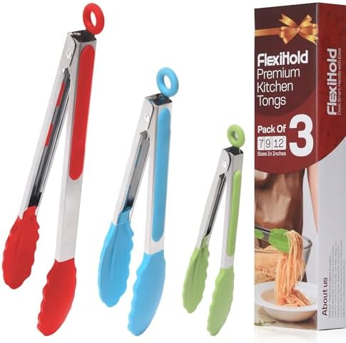 Stainless Steel Kitchen Tongs Set, 3 Pack with Silicone Tips