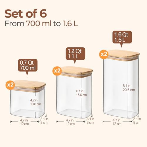 ComSaf Glass Pantry Storage Containers (0.7qt/1.2qt/1.6qt) Set of 6 Jars