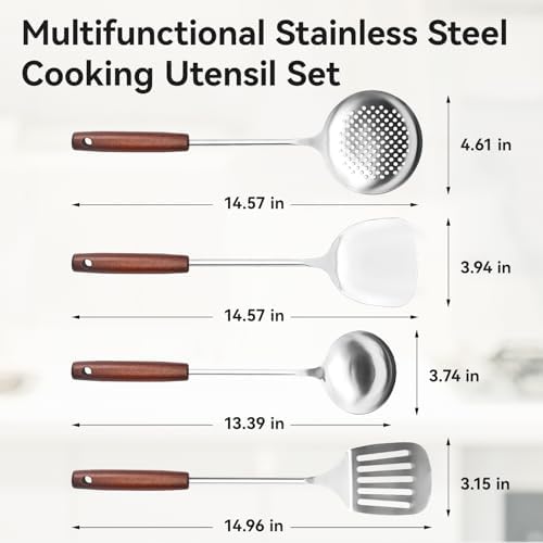 WANGYUANJI 4-Piece Wok Spatula and Ladle Set, Heavy Duty 304 Stainless Steel Kitchen Utensils with Heat Resistant Wooden Handle, Long Metal Turner & Skimmer for Carbon Steel Wok & Cast Iron Skillet