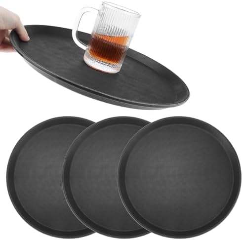 QWORK 14-Inch Round Non-Slip Serving Tray Set – 4Pack Rubber Surface Drink & Meal Carrier for Home, Café & Catering