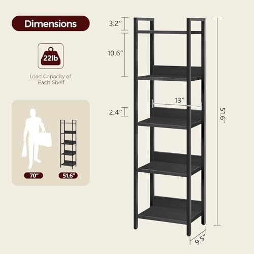 MAHANCRIS 5-Tier Bookshelf, Bookcase, Shelves Organizer for Small Spaces, Storage Shelf Organizer, for Living Room, Bedroom, Study, Balcony, Black BKHB5501