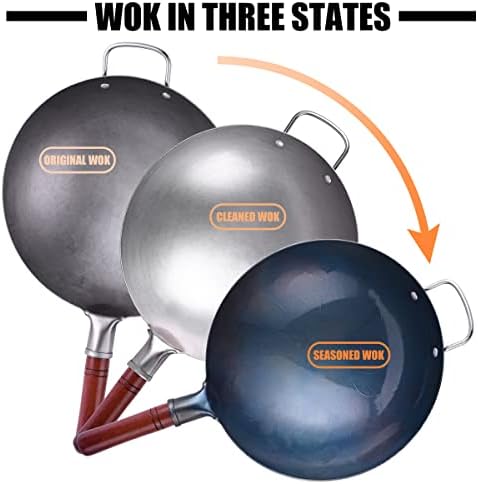 Teewe 13.4" Carbon Steel Wok Traditional Hand Hammered Round Bottom Wok