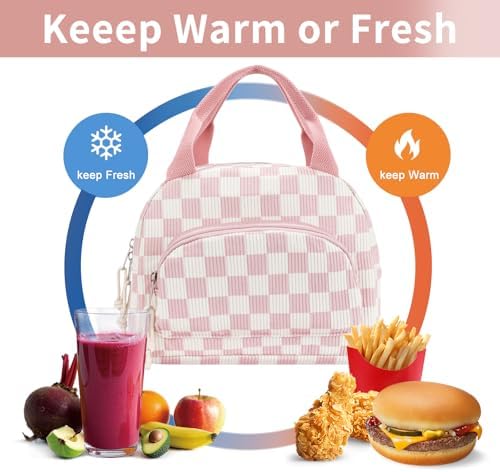 Lunch Bag Women Lunch Box for Women Adult Cute Insulated Lunch Bag Small Cooler Lunch Tote Bags for Work Picnic School (Beige-Pink Plaid)