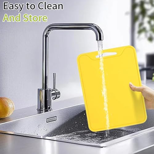 Flexible Plastic Cutting Boards for Kitchen, 11.8''x 8.6'' Silicone Cutting Board, BPA Free Non Slip Kitchen Cutting Mat for Meat, Vegetables and Fruit with Easy Grip Handle, Dishwasher Safe (Yellow)