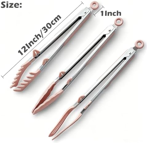 12" Kitchen Tongs for cooking with Silicone Tips, 3Pcs Serving Tongs, Pink