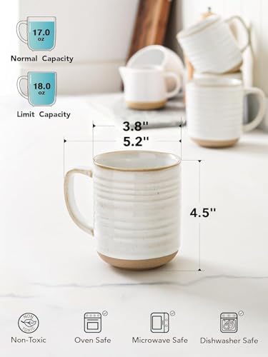 LE TAUCI Ceramic Coffee Mugs Set of 4, 18 oz, Rustic Style, Arctic White